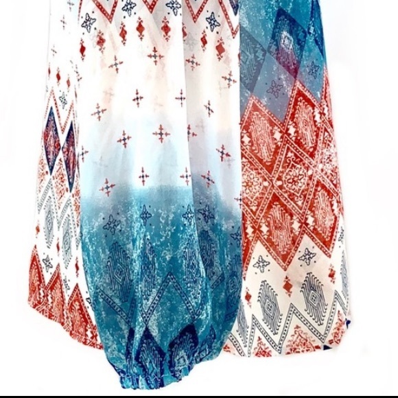 BCBGMaxAzria size S orange blue & ivory BOHO tie front long puffed sleeve blouse - Picture 9 of 15